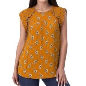 NWOT Ann Taylor Loft Floral Ruffle Blouse Top Golden Mustard Yellow Size XS